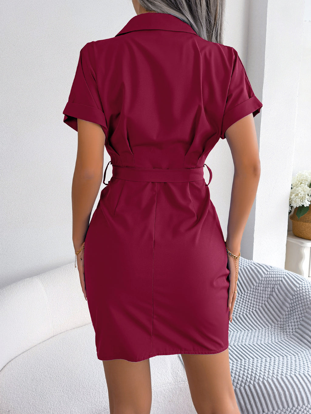 Women   Casual Solid Color Batwing Sleeve Tie Waist Crinkled Shirt Dress