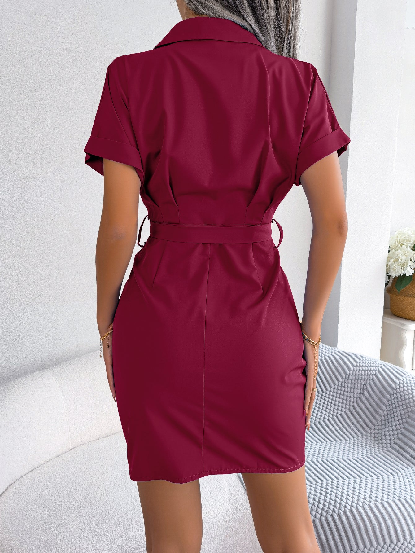 Women   Casual Solid Color Batwing Sleeve Tie Waist Crinkled Shirt Dress