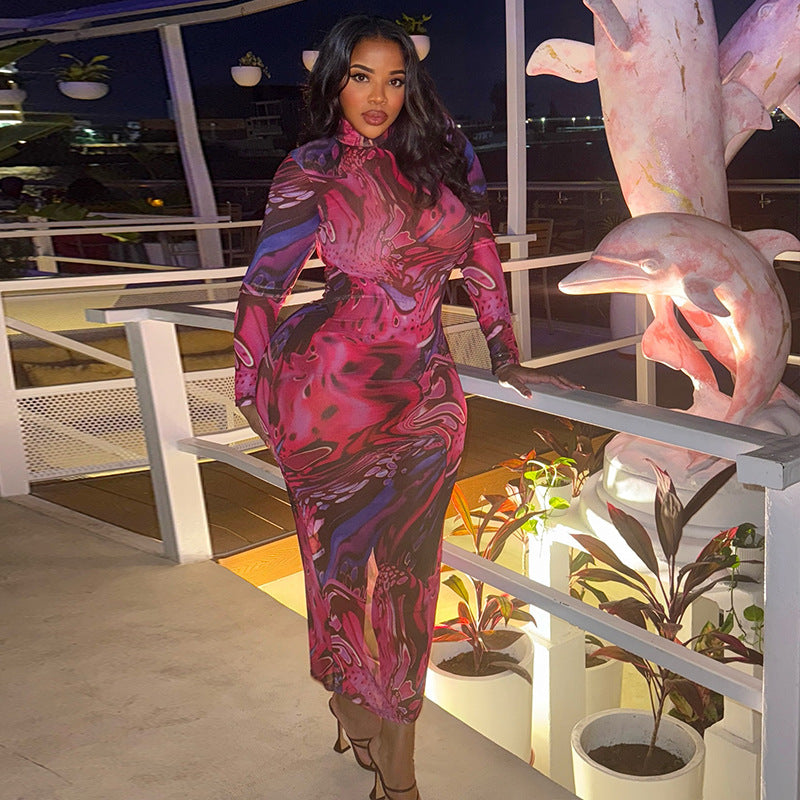 High-neck Long-sleeve Figure-flattering Dress