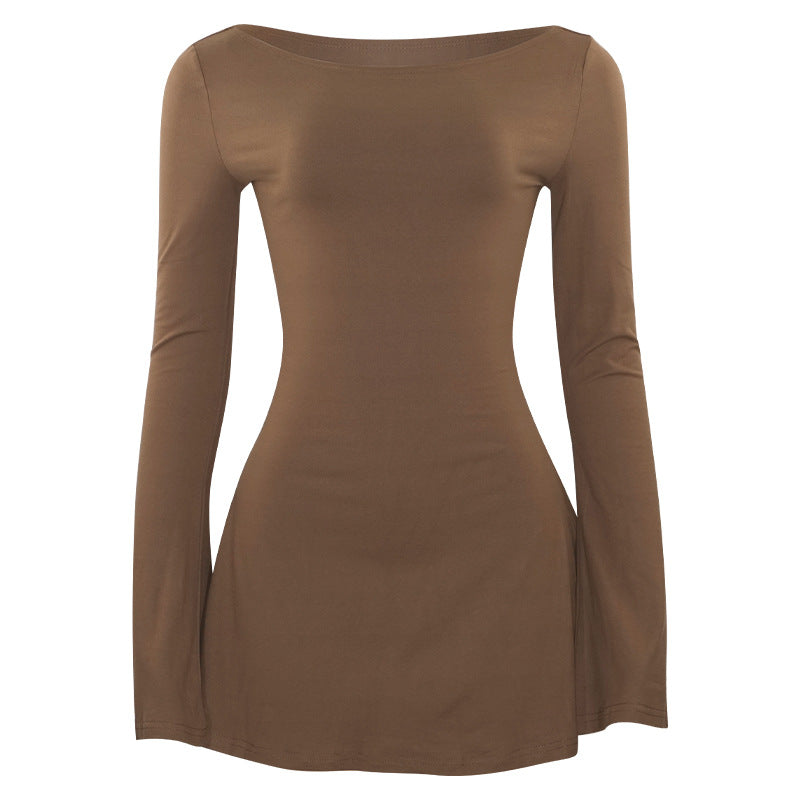 Solid-color Fashionable Crew-neck Long-sleeve Slim-fit Hip-hugging Mini Dress
