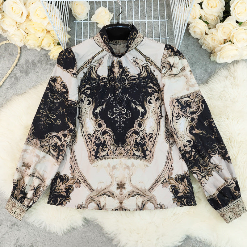 Women's Printed Long Sleeve Round Neck Slim Fit Top