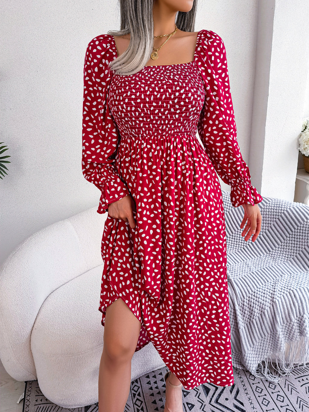 Women Square Neck Long Sleeve Vacation Rayon Pleated Maxi Dress