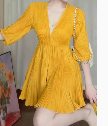 Solid-color V-neck Dress For Spring And Summer