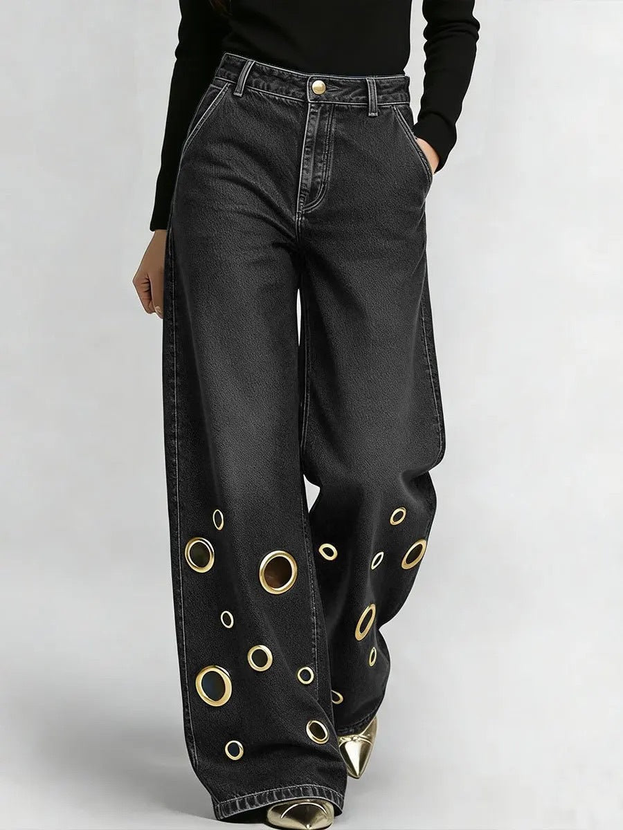 High-waisted Loose-fit Denim Jeans With Cutout Detailing And Metal Eyelets