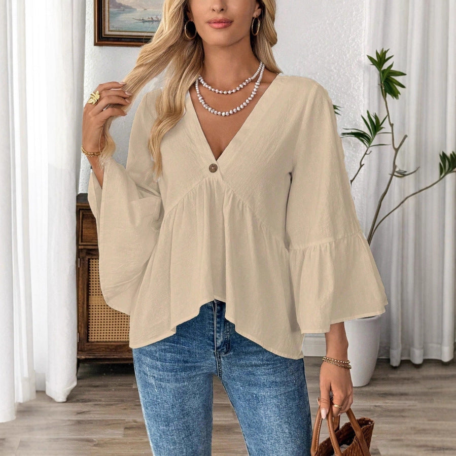 Women's Solid-Color V-Neck Top With Ruffle Sleeves