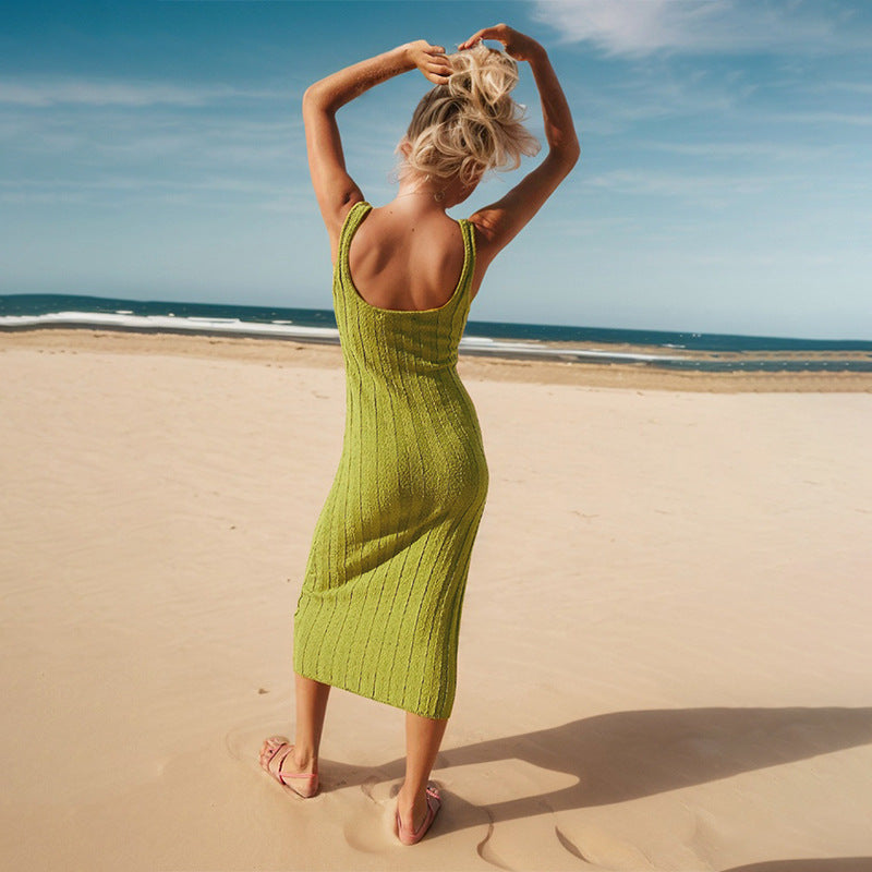 Solid-color Fashionable Long Sleeveless Vest Dress For Summer