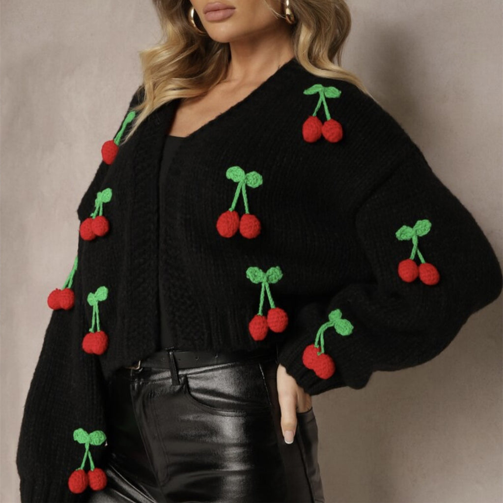 3D Cherry Pattern Women's Elegant Cardigan Sweater