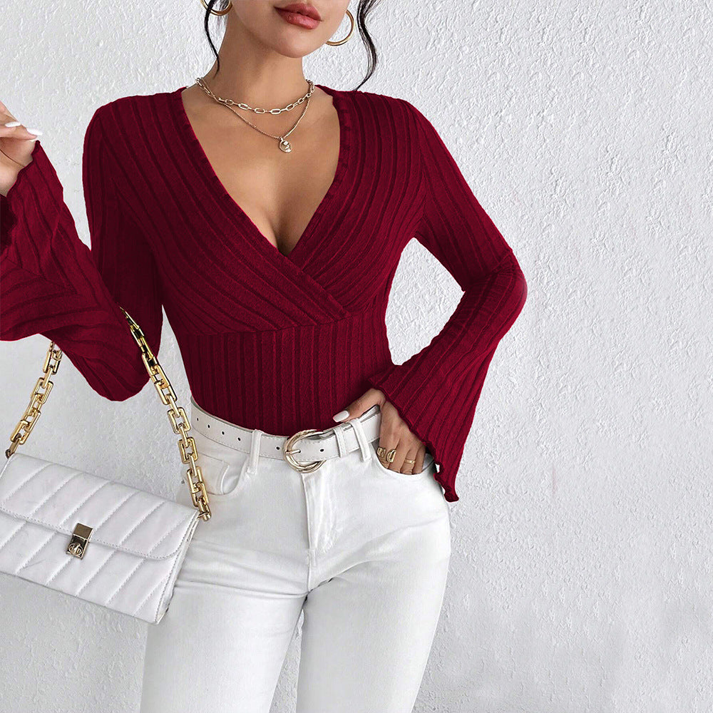 V-neck Flared Sleeve Wine Red T-shirt Slim-fitting Base Layer Top