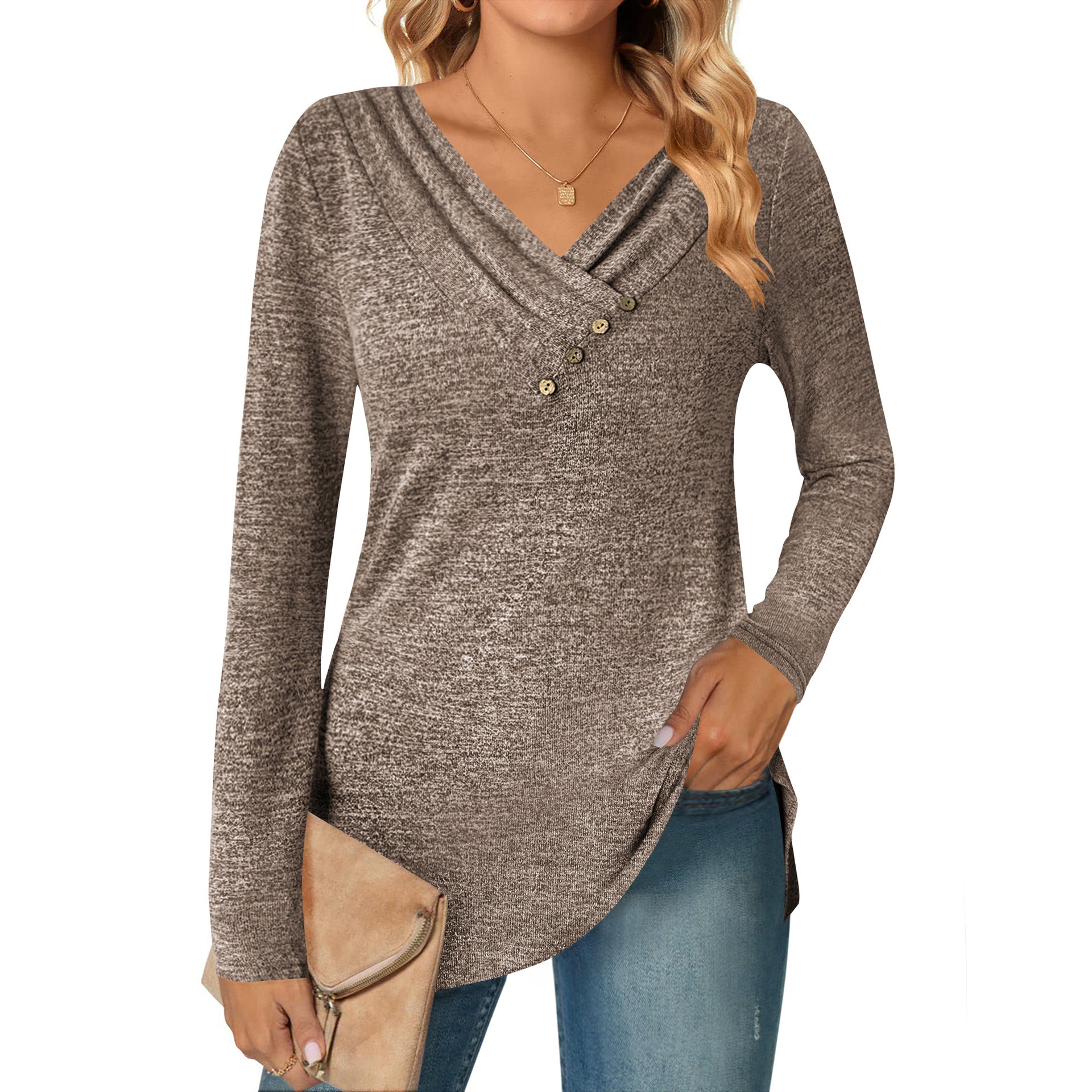 Women's Long Sleeve V-neck Button-up Shirt