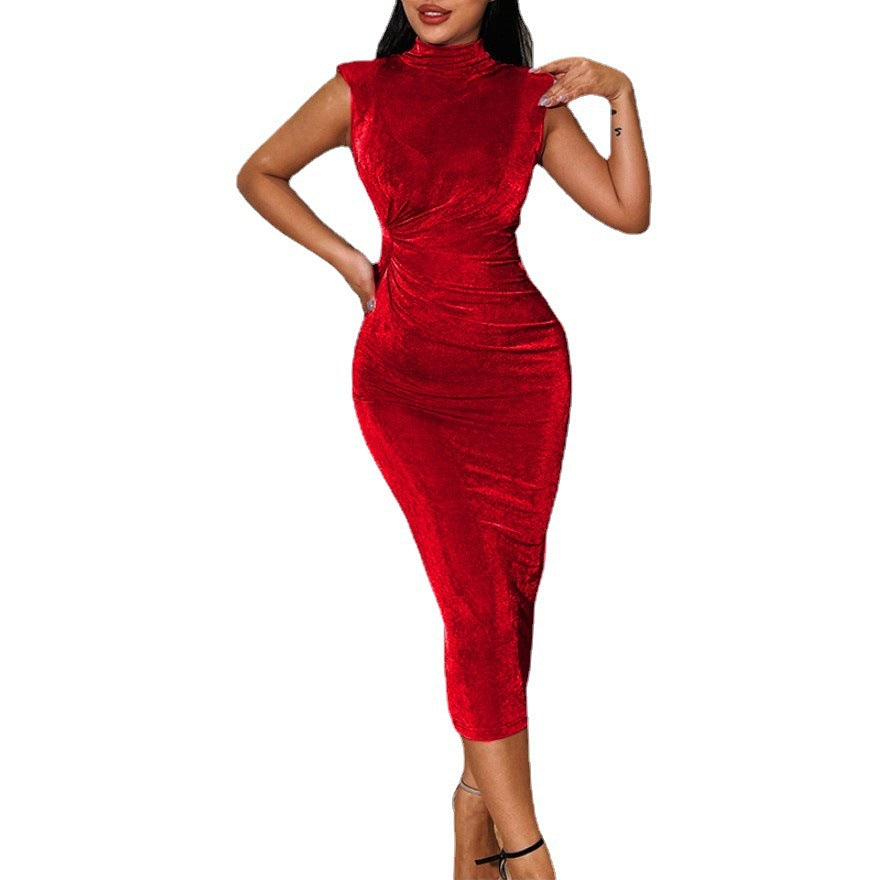 Womens Slim-Fit Half-Neck Pleated Sleeveless Dress