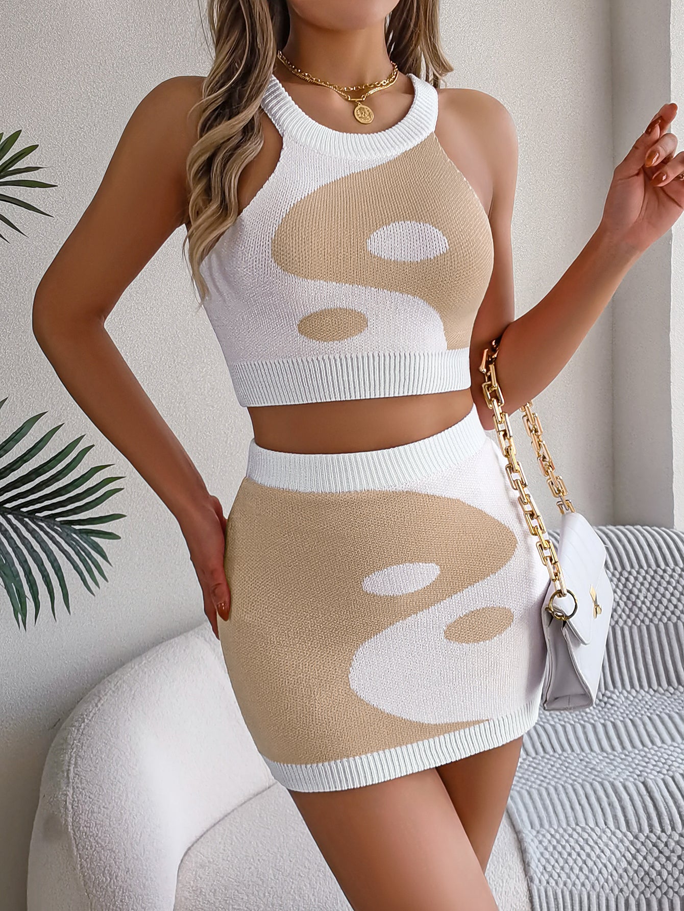Women  Color Block Cropped Top & Bodycon Skirt Knit Set