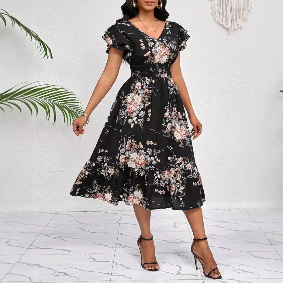 Spring Summer Ruffled-Edge Short-Sleeve Printed Dress With Elastic Waist