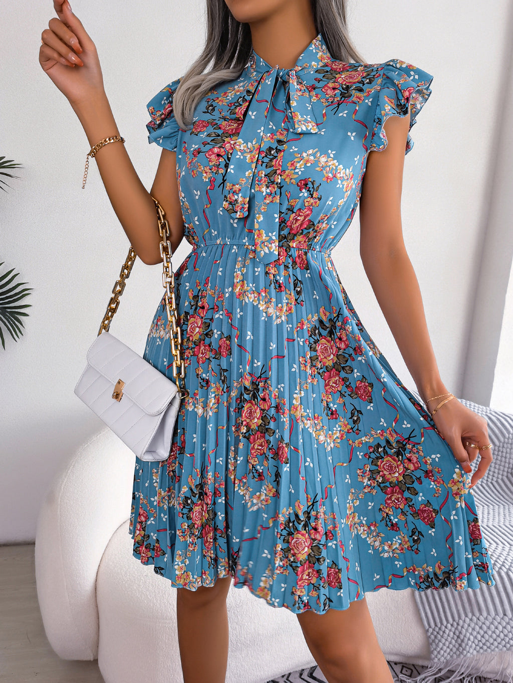 Women's Elegant Floral Print Tie Waist Flowy Pleated Skirt