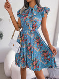 Women's Elegant Floral Print Tie Waist Flowy Pleated Skirt