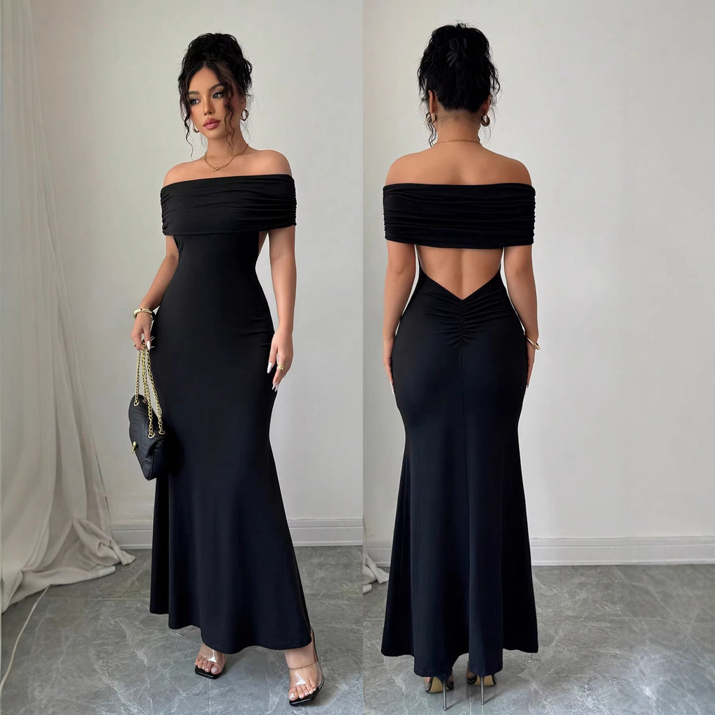 Womens Solid-Color Off-the-Shoulder Bodycon Dress With A Midriff-Baring Design