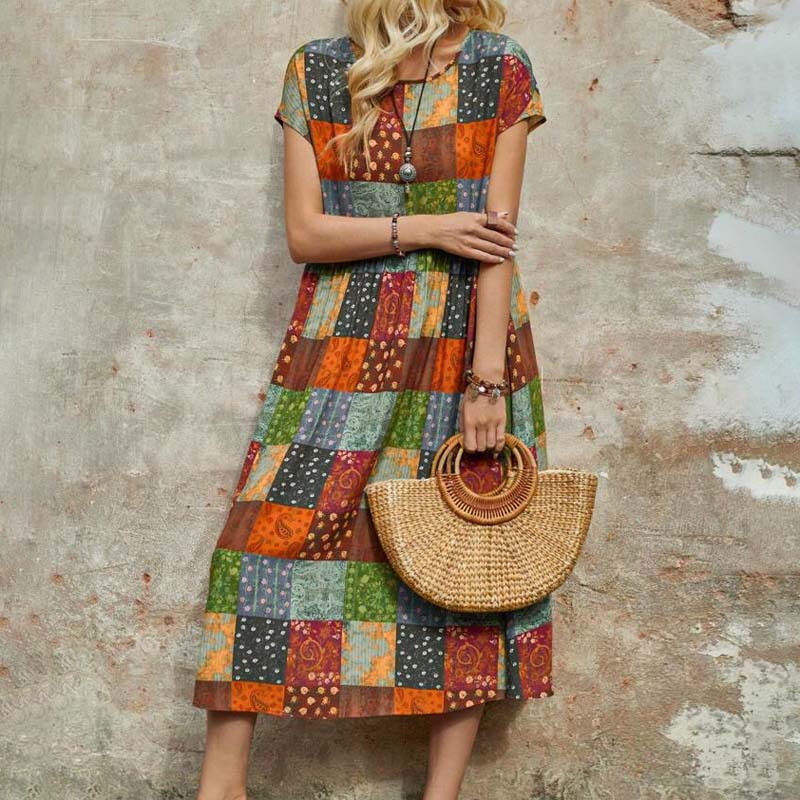Womens Retro Colorful Polka-Dot Square-Printed Maxi Dress