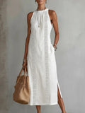 Womens Halterneck Holiday Lace-Patchwork Sleeveless Dress