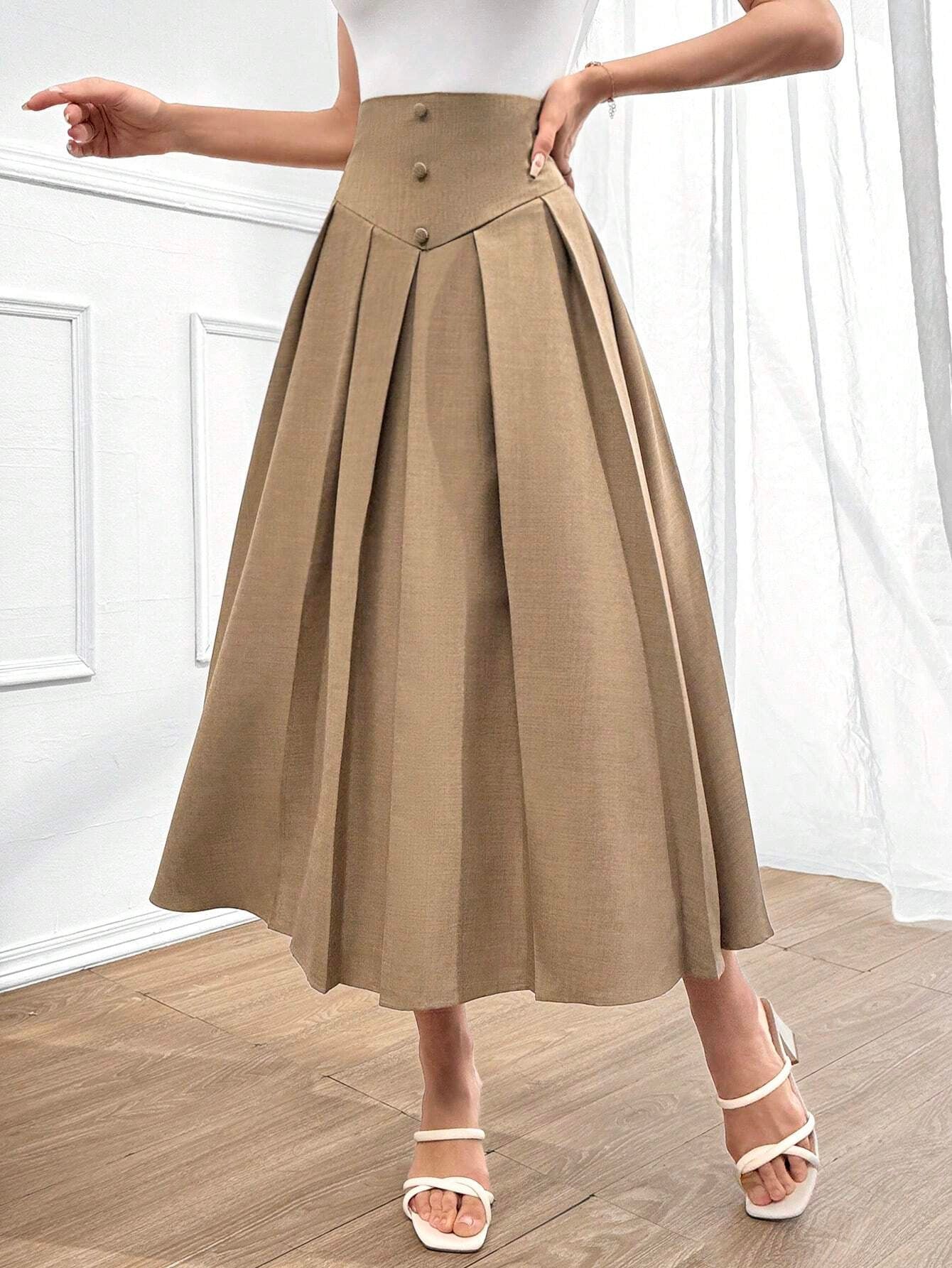 Retro Khaki-colored French-style Draped Maxi Skirt