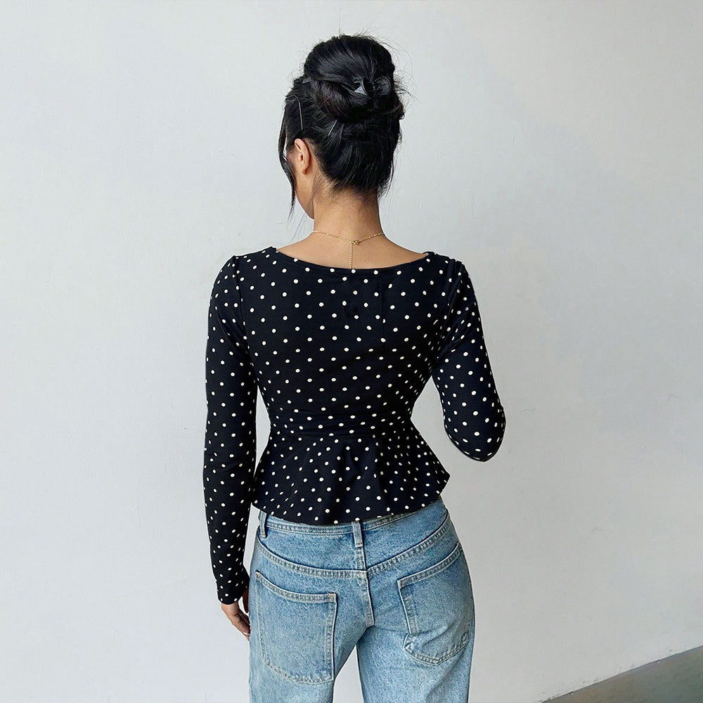 Retro Polka Dot V-neck Waist-cropped Long Sleeve T-shirt