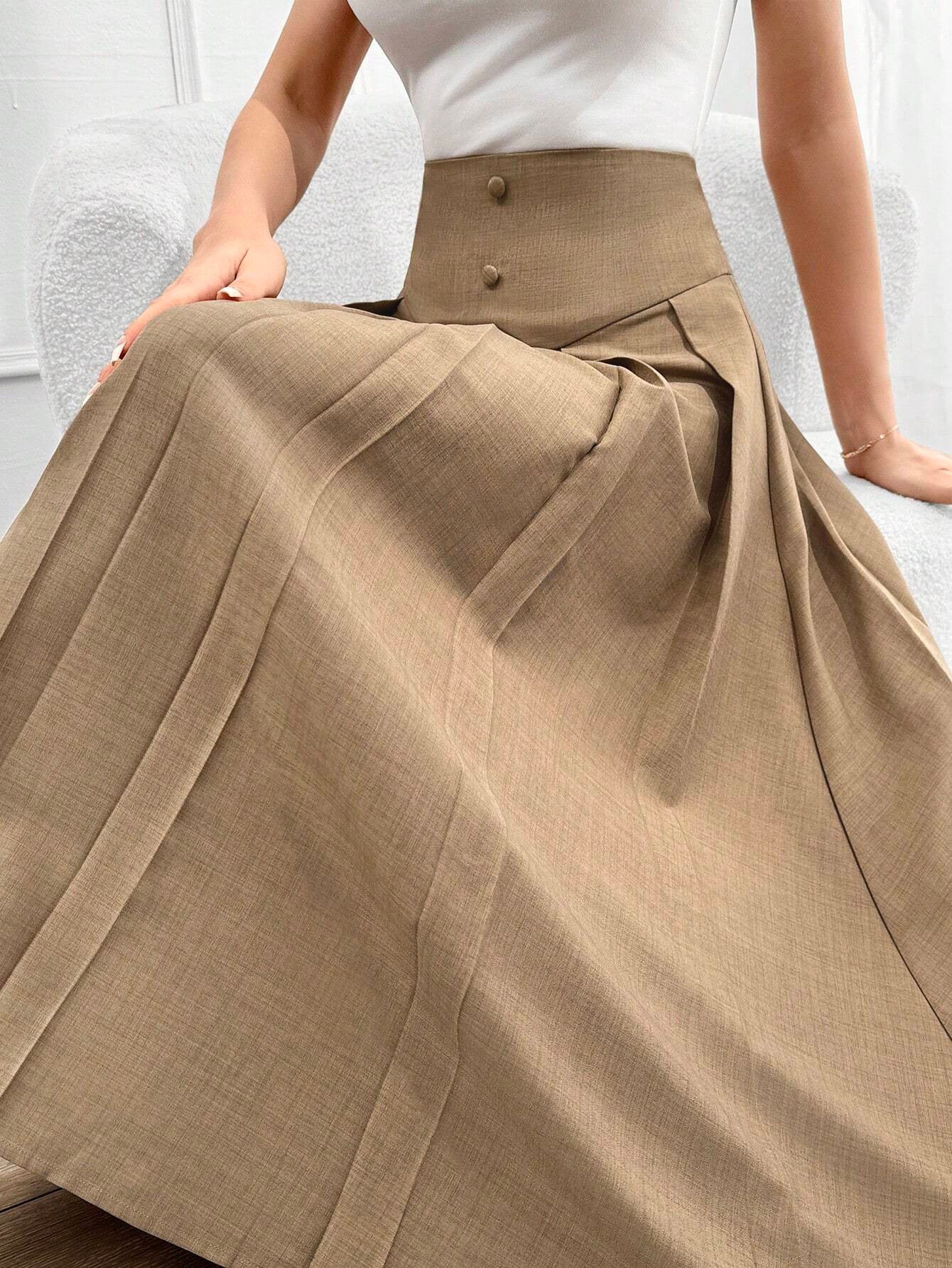 Retro Khaki-colored French-style Draped Maxi Skirt