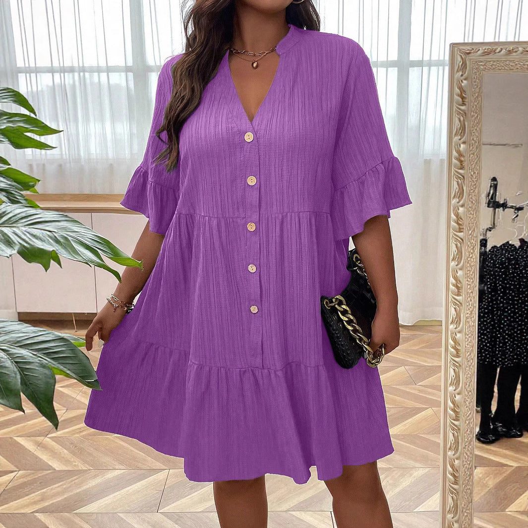 Women's V-neck Buttoned Long-Sleeve Flare-Sleeve Dress
