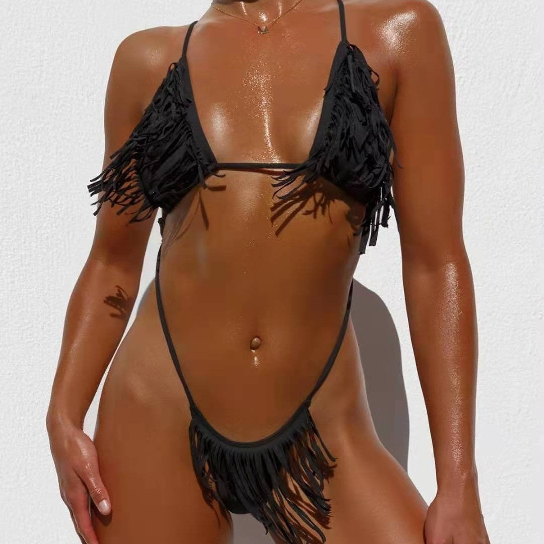 Multi-color Two-piece Sexy Solid-color Fringed-string Womens Bikini Swimsuit