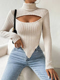 Autumn And Winter New European And American Women's Sexy Hollow-out Irregular Long-sleeved Knitted Striped Short Top