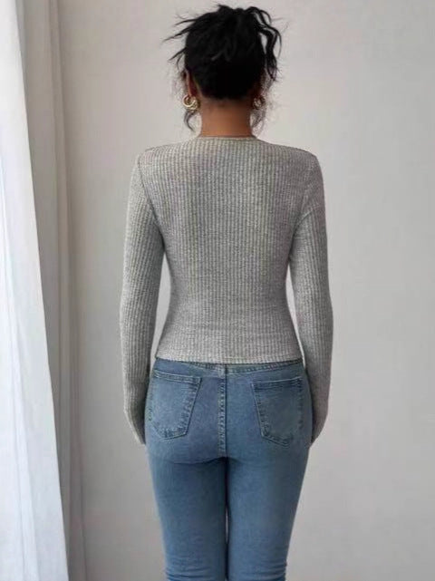 Fitted-waist Ribbed Brushed Fabric Square-neck Long-sleeve Knit Top