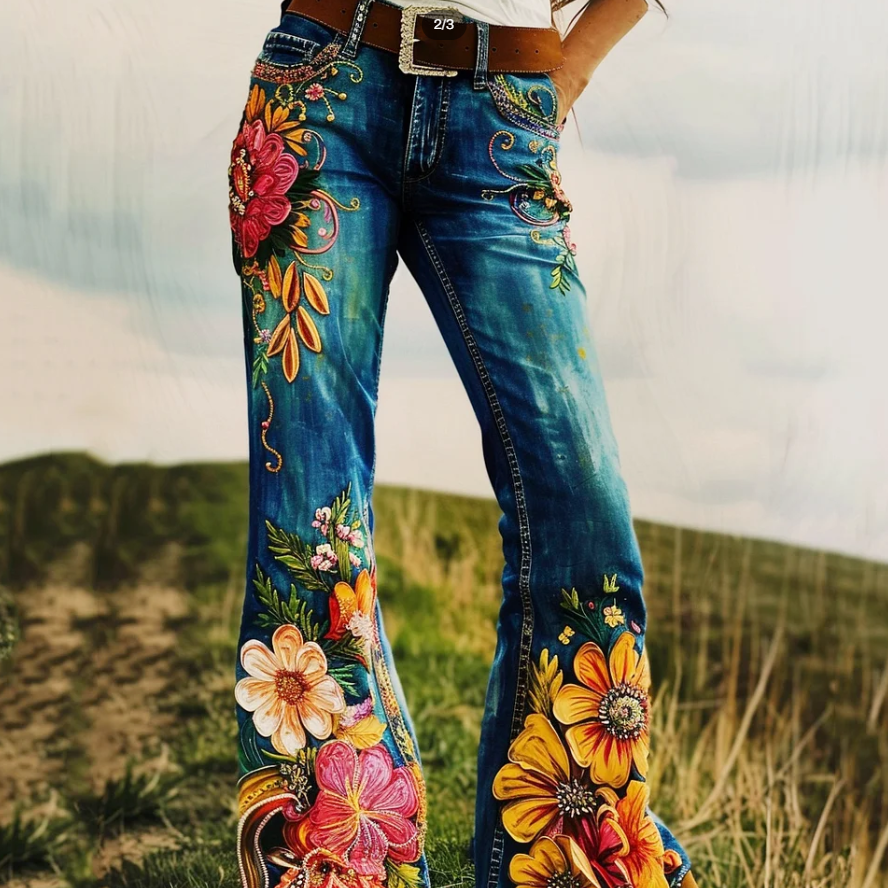 Vintage Artistic Floral Print Western Jeans